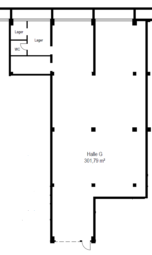 Grundriss der Halle G mit Hallenfläche, Büro, Lager, Archiv, Aufenthaltsraum, Umkleide, WC und Technikräumen